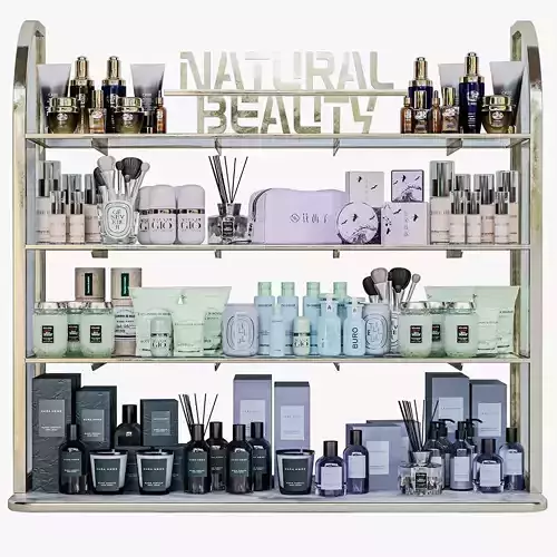 Large rack with makeup cosmetics in a beauty salon
