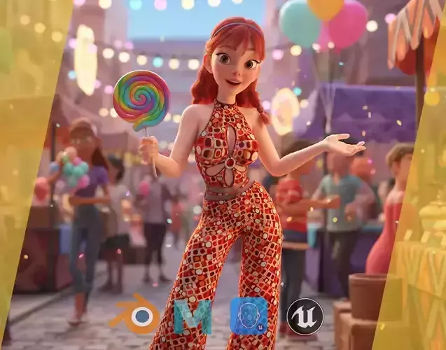 Redhead Character with Colorful Patterned Outfit Toon  Low-poly 3D model