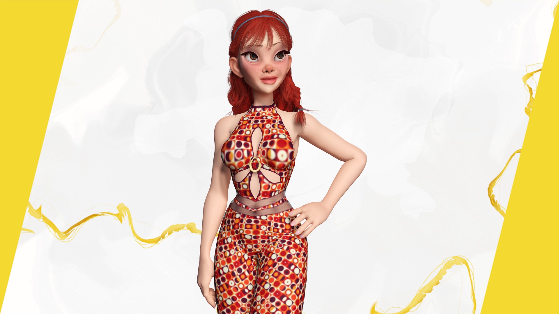 Redhead Character with Colorful Patterned Outfit Toon  Low-poly 3D model_8