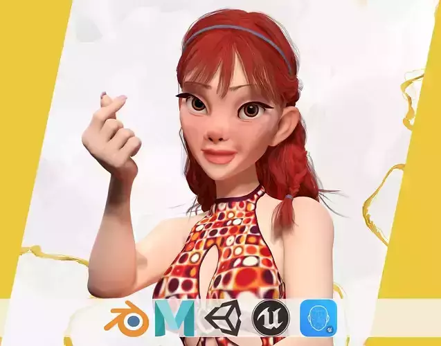 Redhead Character with Colorful Patterned Outfit Toon  Low-poly 3D model