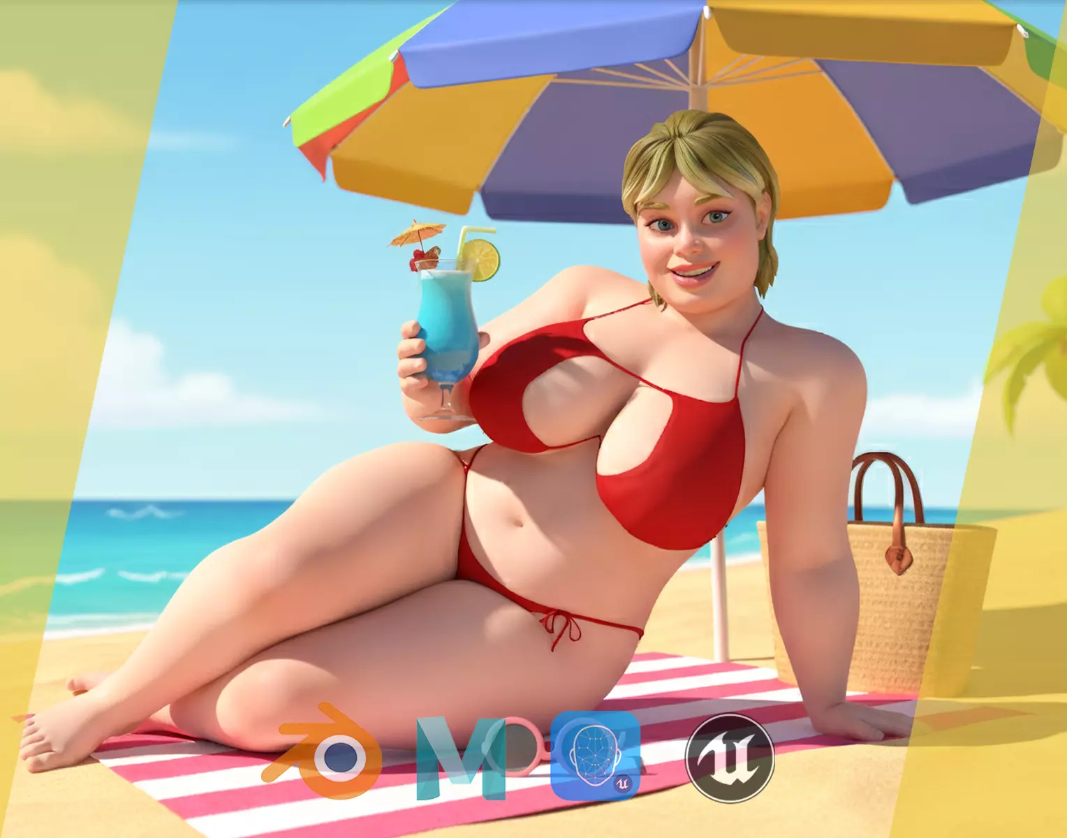 Curvy Swimsuit Female Character Plus-Size  Stylized Character Low-poly 3D model_0