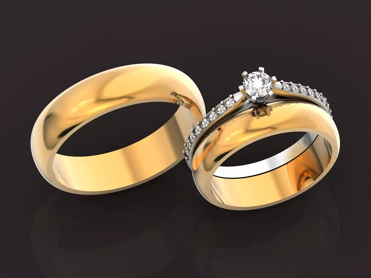 Couples wedding ring and engagement diamond 1311 3D print model
