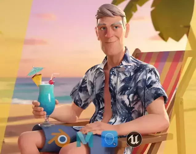 Stylized Tourist Character with Hawaiian Shirt Relaxed cartoon Low-poly 3D model