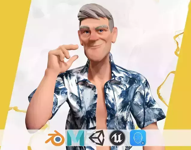 Stylized Tourist Character with Hawaiian Shirt Relaxed cartoon Low-poly 3D model