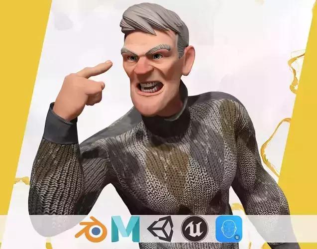 Grumpy elderly man character in winter sweater Artistic Realism Low-poly 3D model