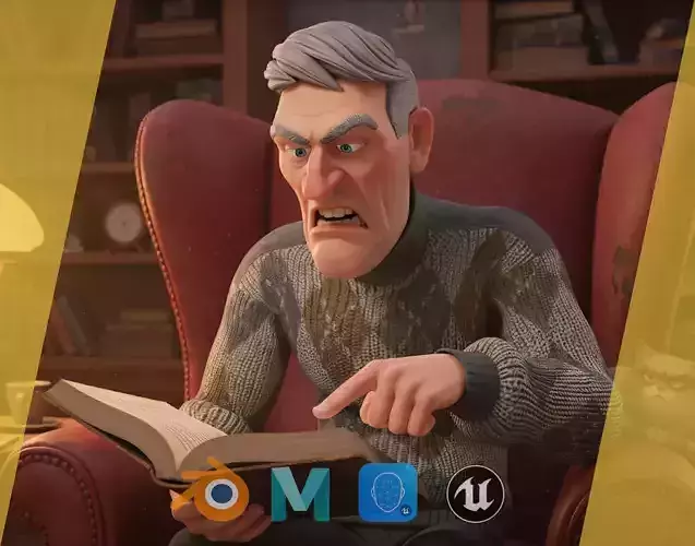Grumpy elderly man character in winter sweater Artistic Realism Low-poly 3D model