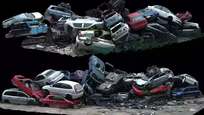 cars wreckage destroyed vehicles pile photogrammetry Low-poly 3D model