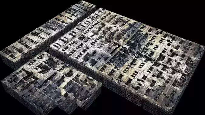 kitbash - destroyed factory halls burned roofs photogrammetry