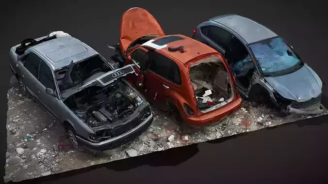 car wrecks destroyed ground RAW photogrammetry