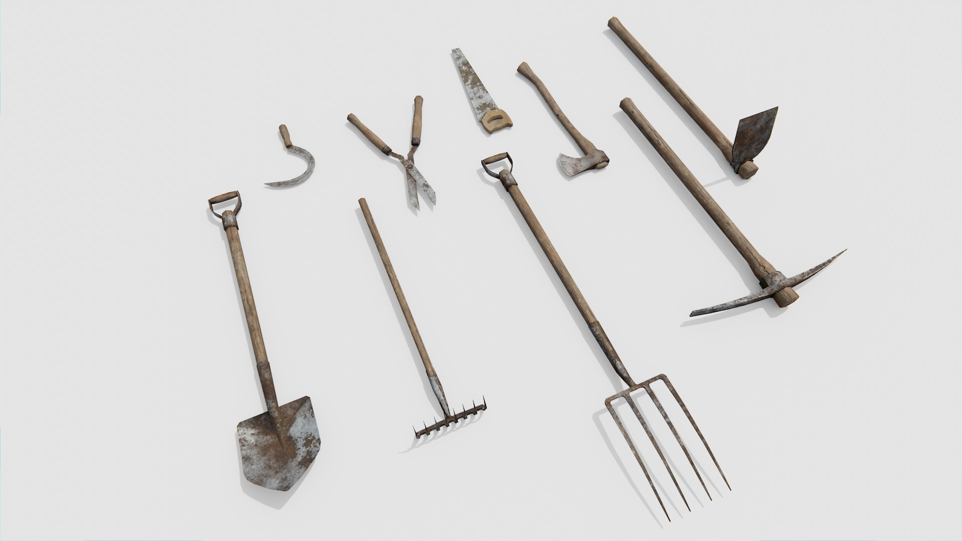 Old Farm Garden Tools Collection Low-poly 3D model_1