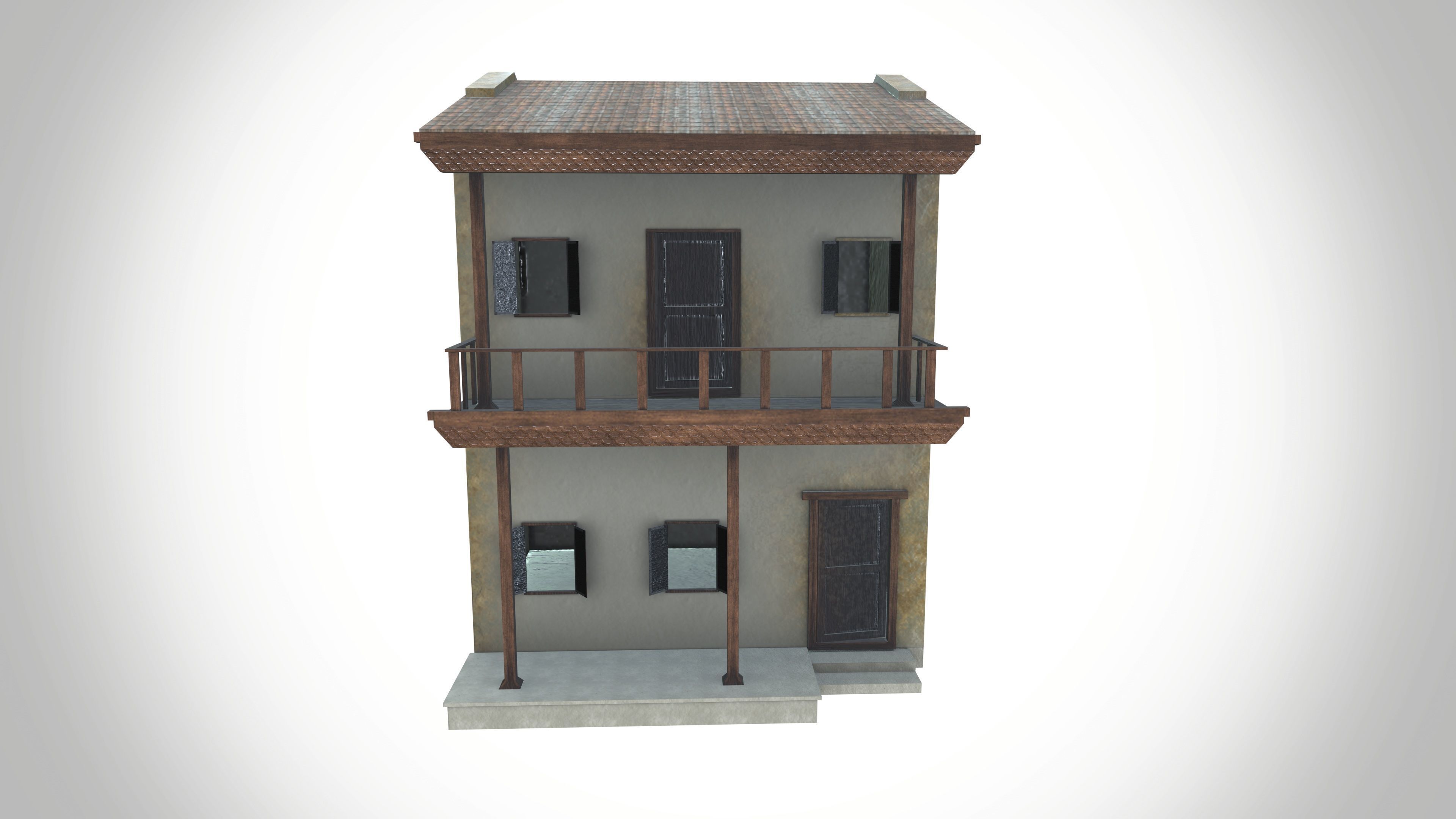 Double story village house Low-poly 3D model_3