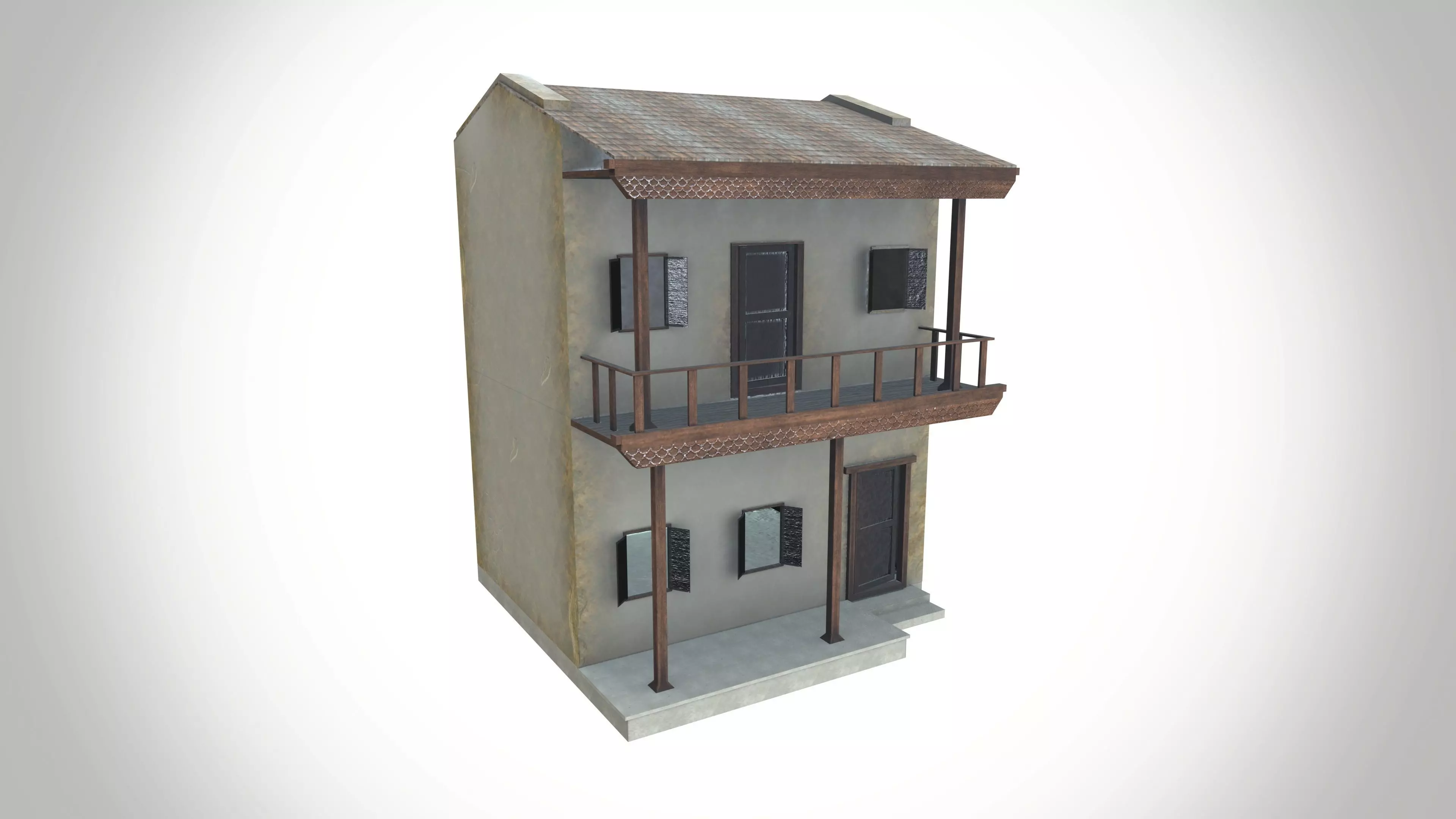 Double story village house Low-poly 3D model_0
