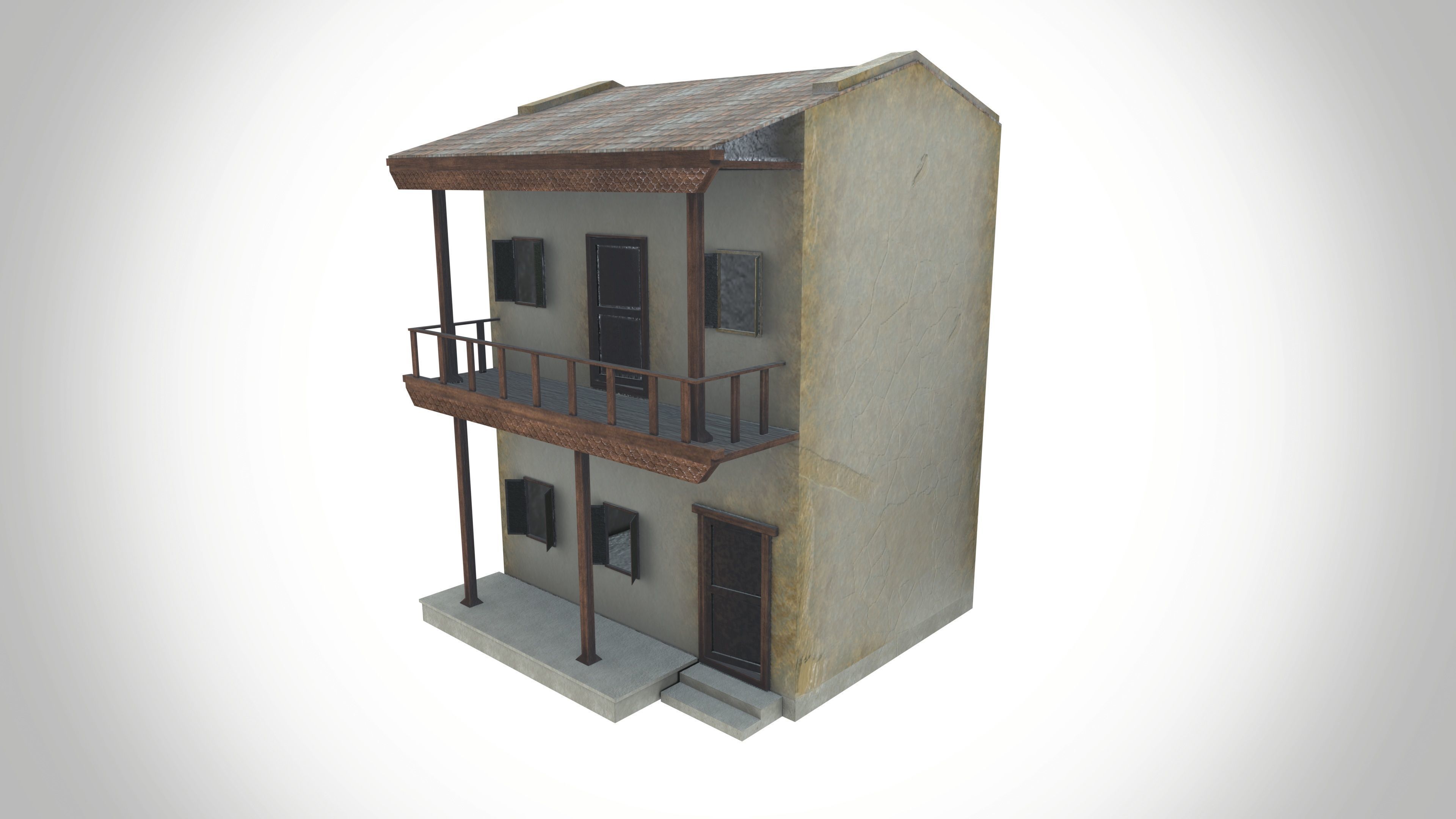 Double story village house Low-poly 3D model_2