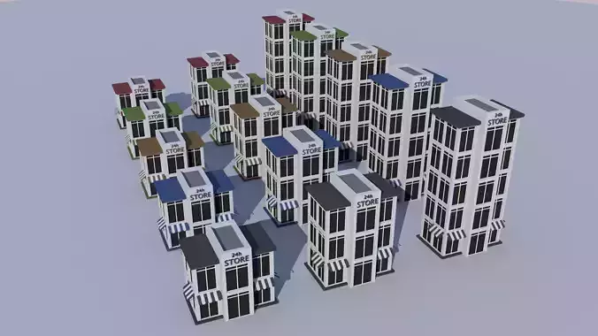 Cartoon Building Set Low Poly Building Commercial 24h Store