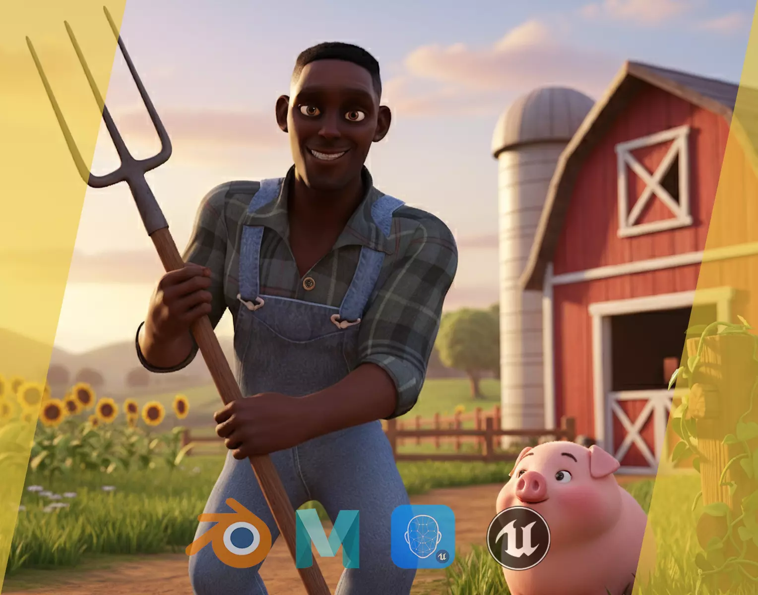 Farmer Cartoon Character in Overalls Artistic Realism Low-poly 3D model_0