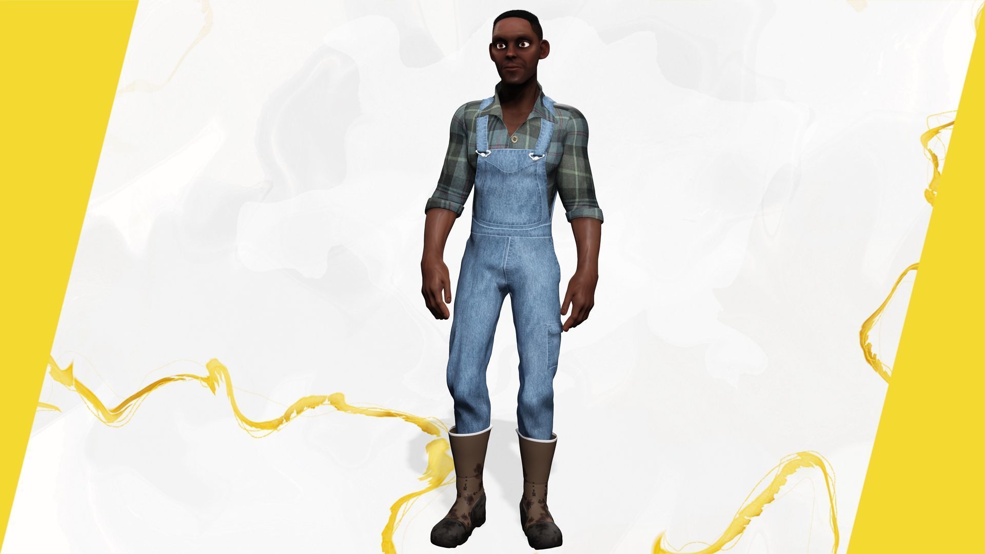 Farmer Cartoon Character in Overalls Artistic Realism Low-poly 3D model_16