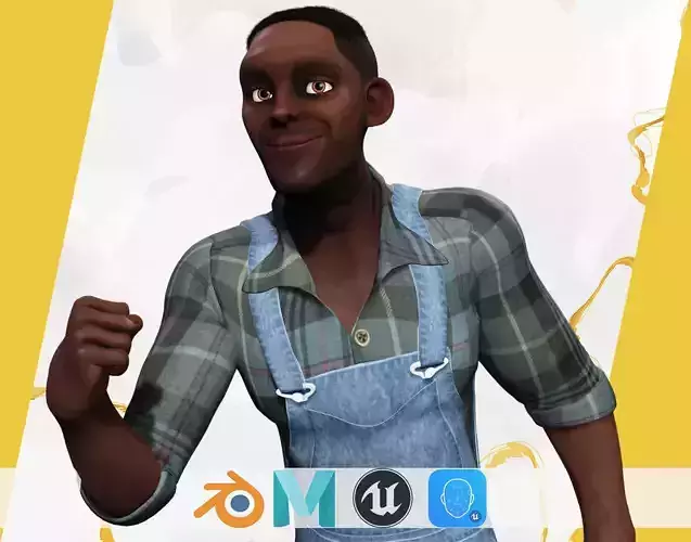 Farmer Cartoon Character in Overalls Artistic Realism Low-poly 3D model