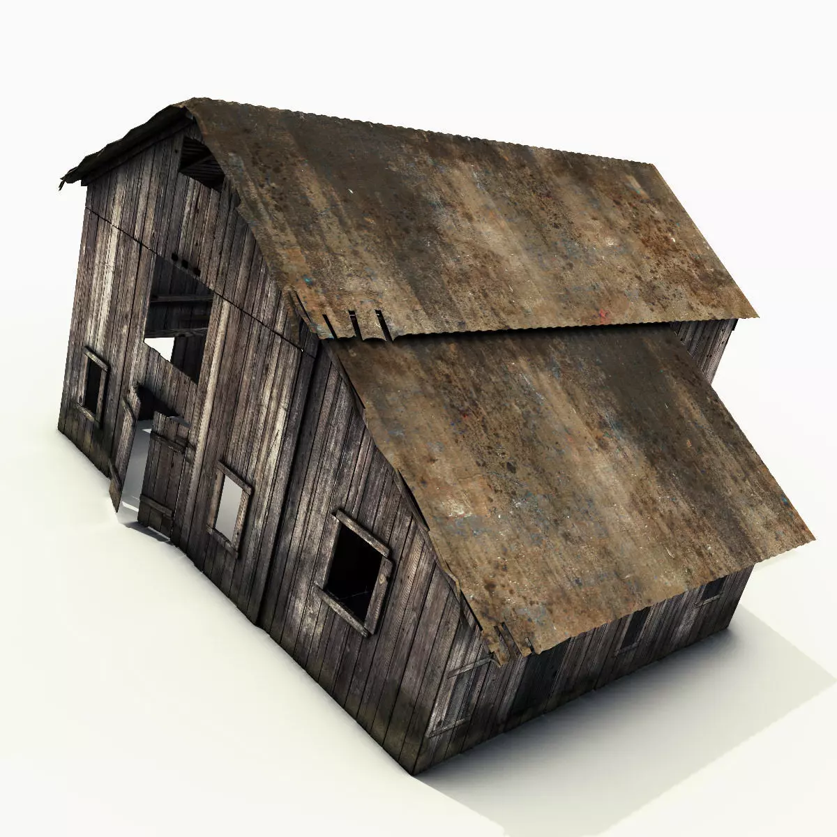 Barn model old with rusty roof Low-poly 3D model_0