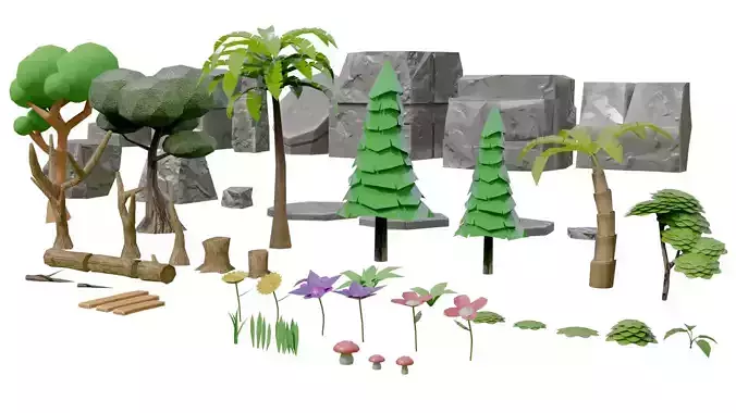 Mobile Game Assets Rock  Plant and Tree