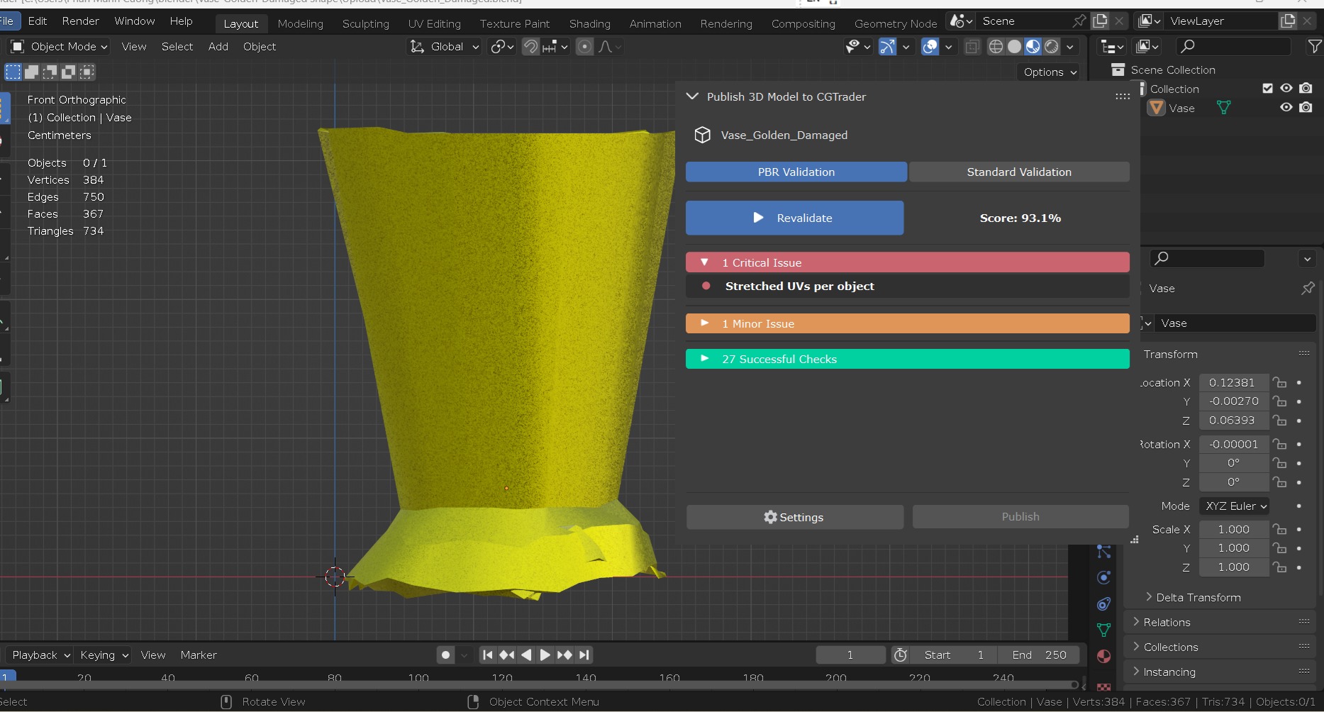 Vase in rough gold material damaged shape  Low-poly 3D model_31