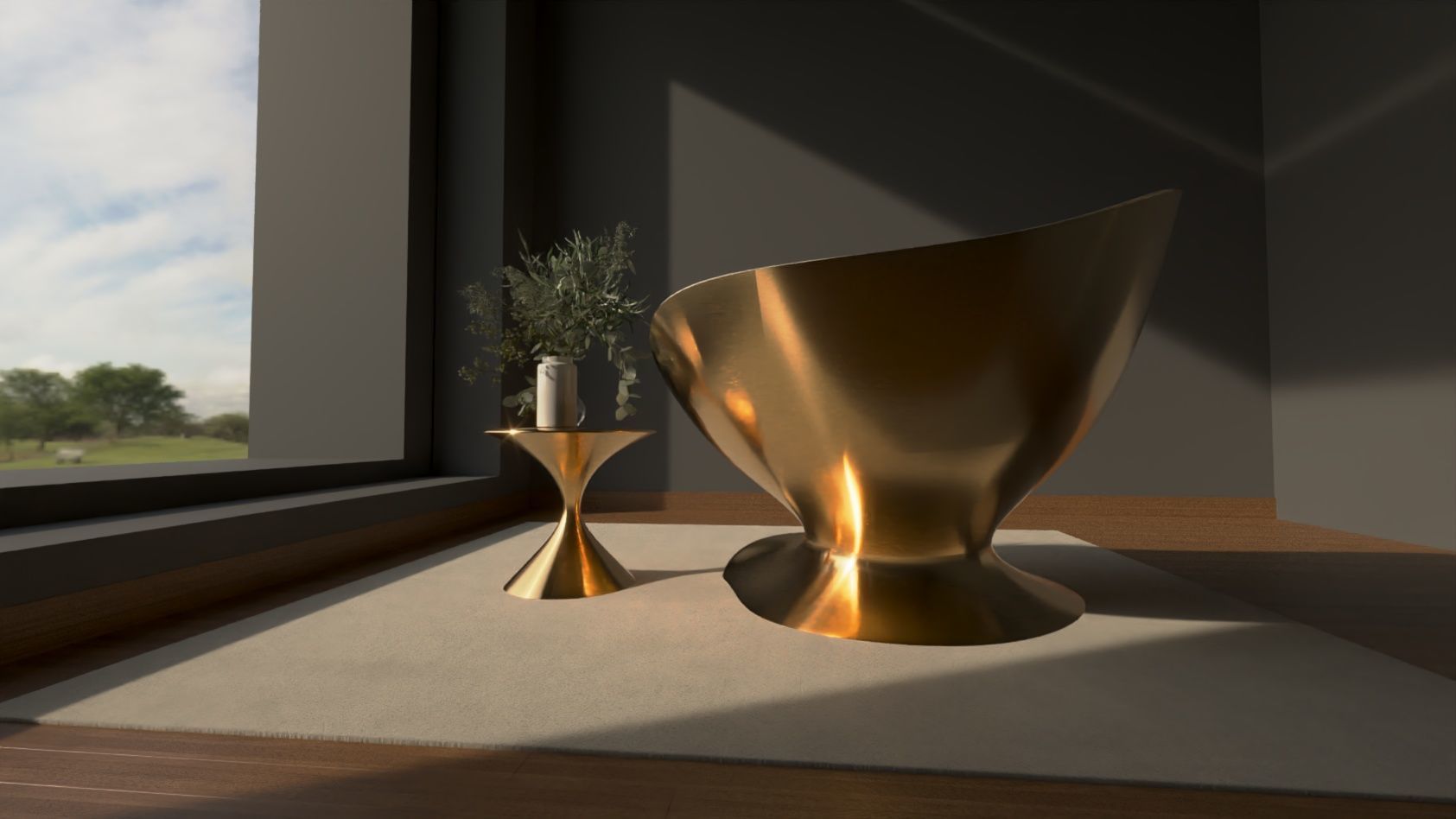 Futuristic Gold Chair and Table Set - Free Form Design 3D model_2