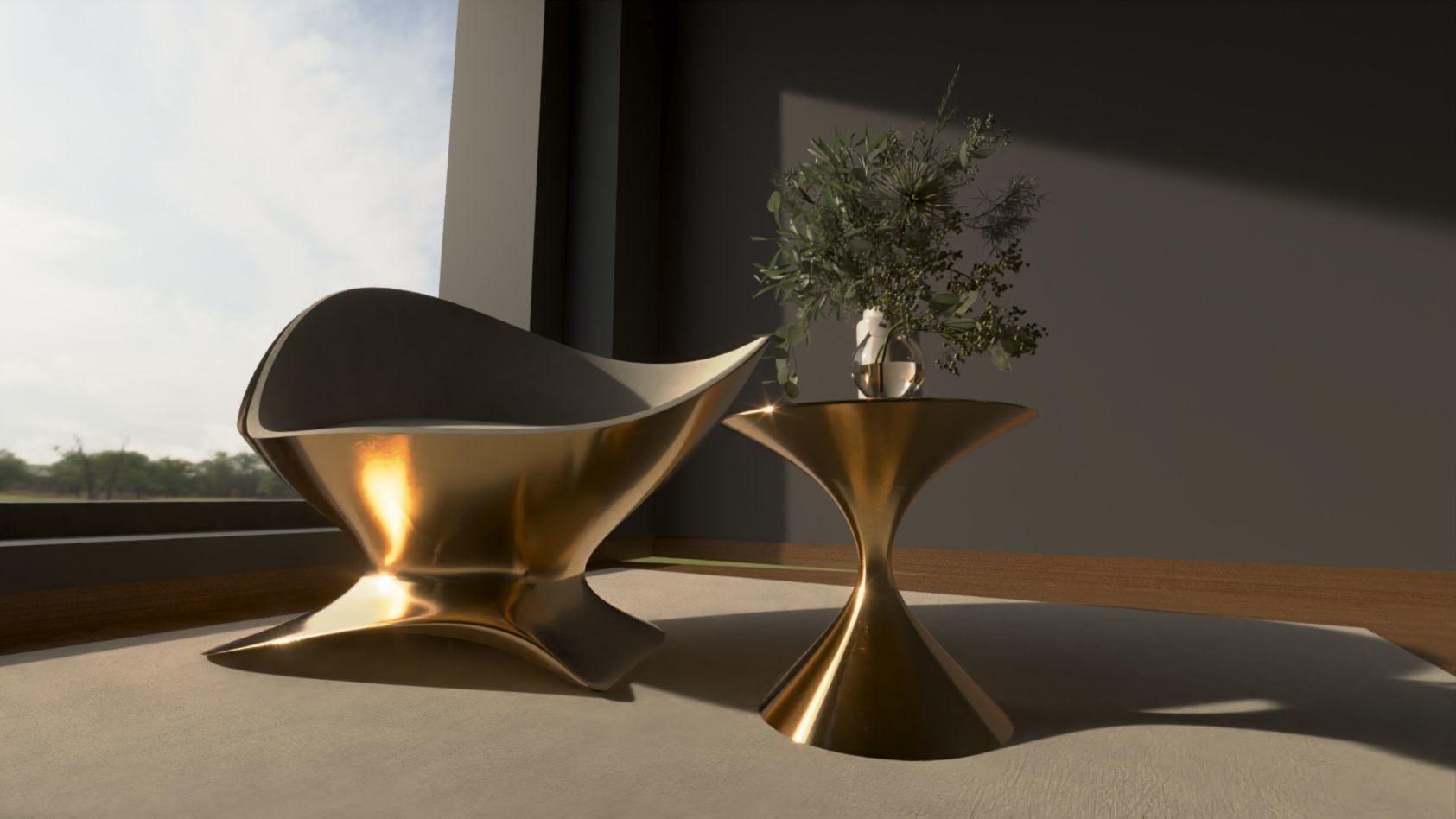 Futuristic Gold Chair and Table Set - Free Form Design 3D model_3