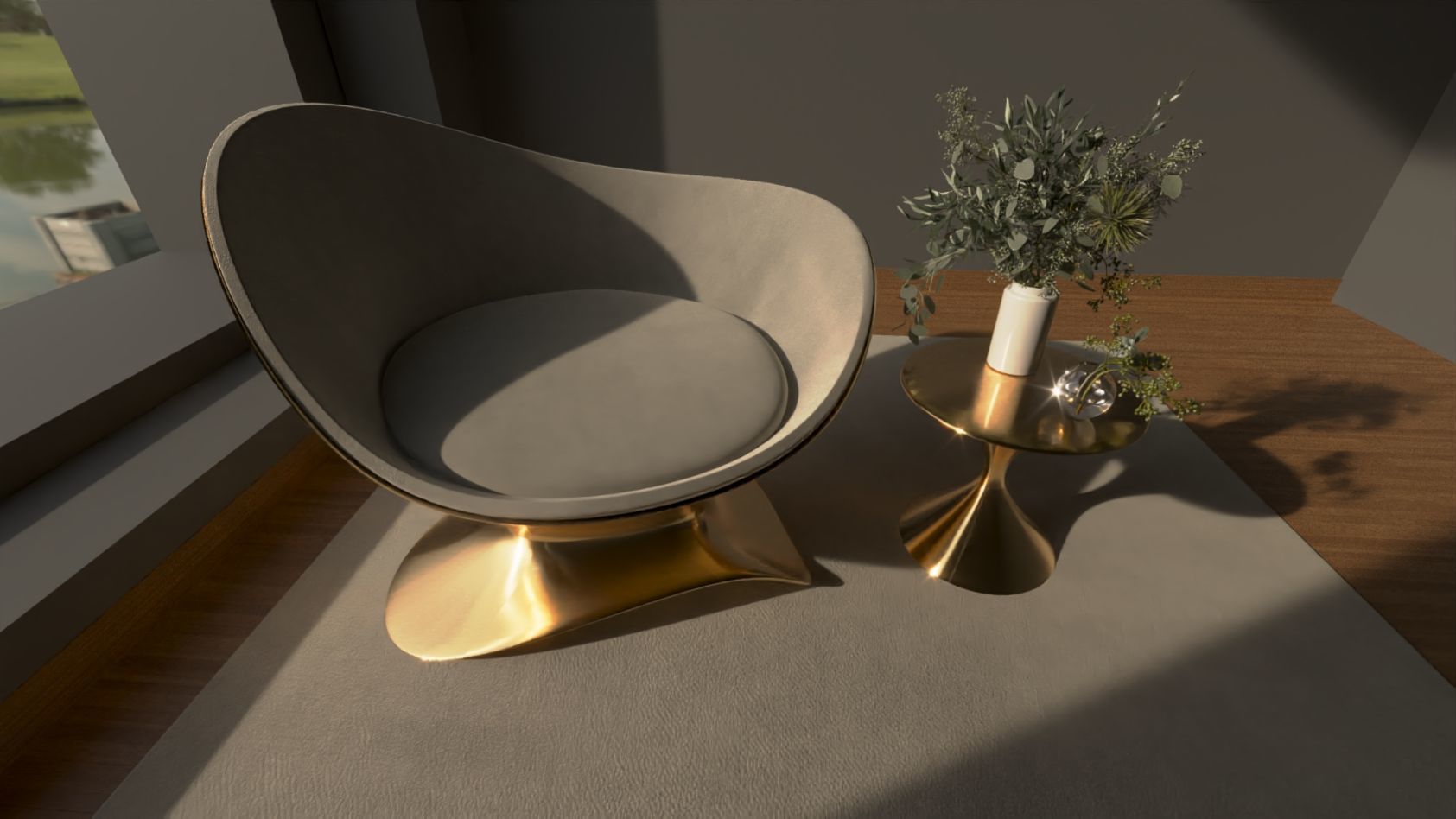 Futuristic Gold Chair and Table Set - Free Form Design 3D model_1