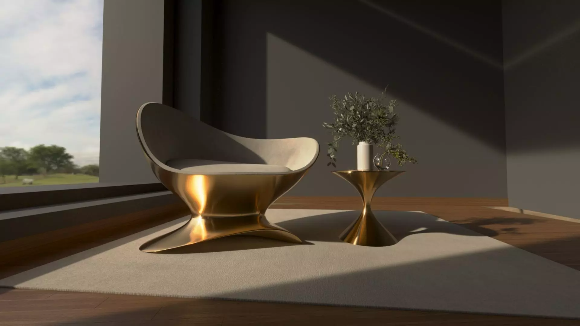Futuristic Gold Chair and Table Set - Free Form Design 3D model_0
