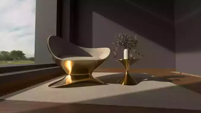 Futuristic Gold Chair and Table Set - Free Form Design
