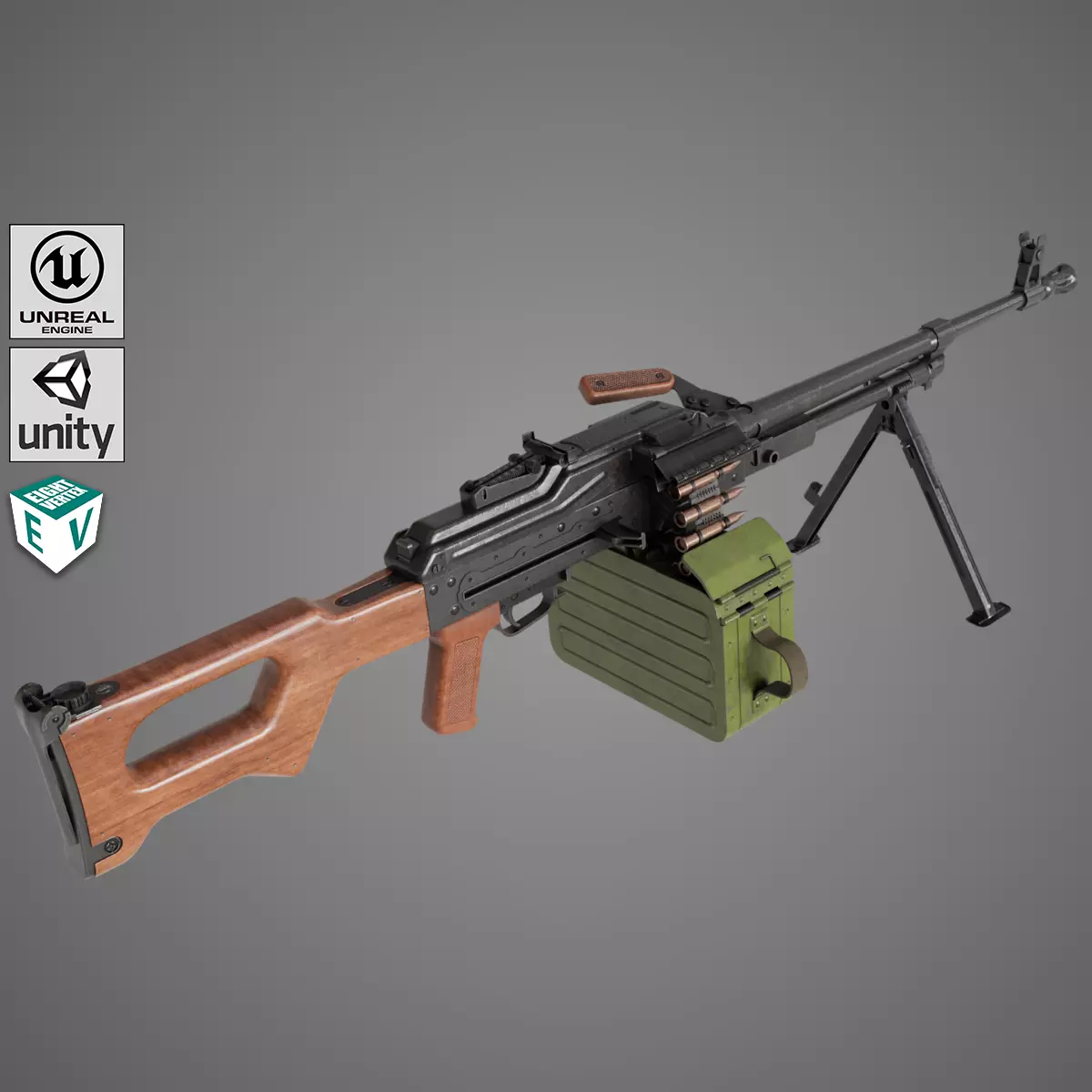 Machine Gun 11 Wood handle All PBR Unity UE Textures Low-poly 3D model_0