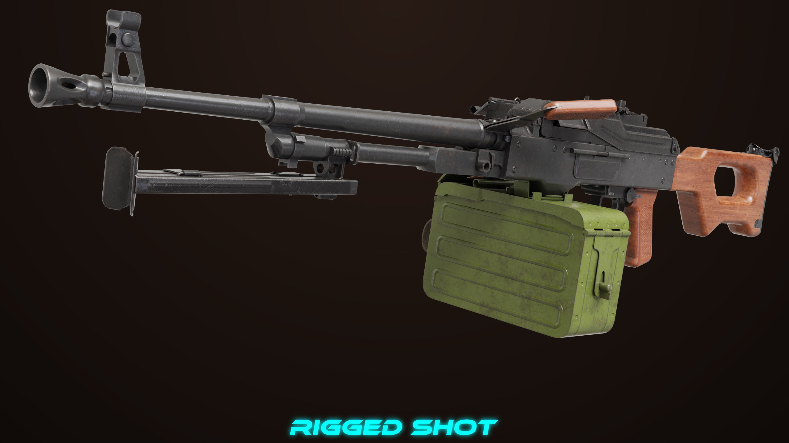 Machine Gun 11 Wood handle All PBR Unity UE Textures Low-poly 3D model_3