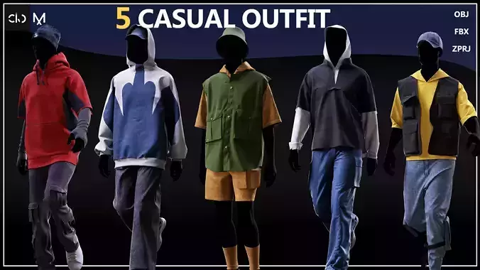 5 Casual Outfit Set For Men 3D print model