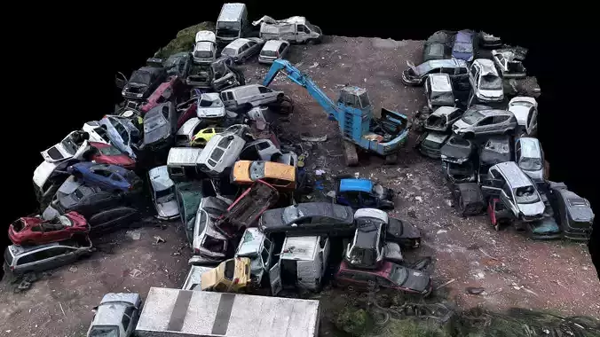 cars destroyed wreckage pile drone photogrammetry 