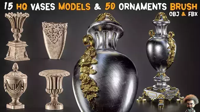 15 HQ Vases Models and 50 Ornaments Brushes    Vol 25 