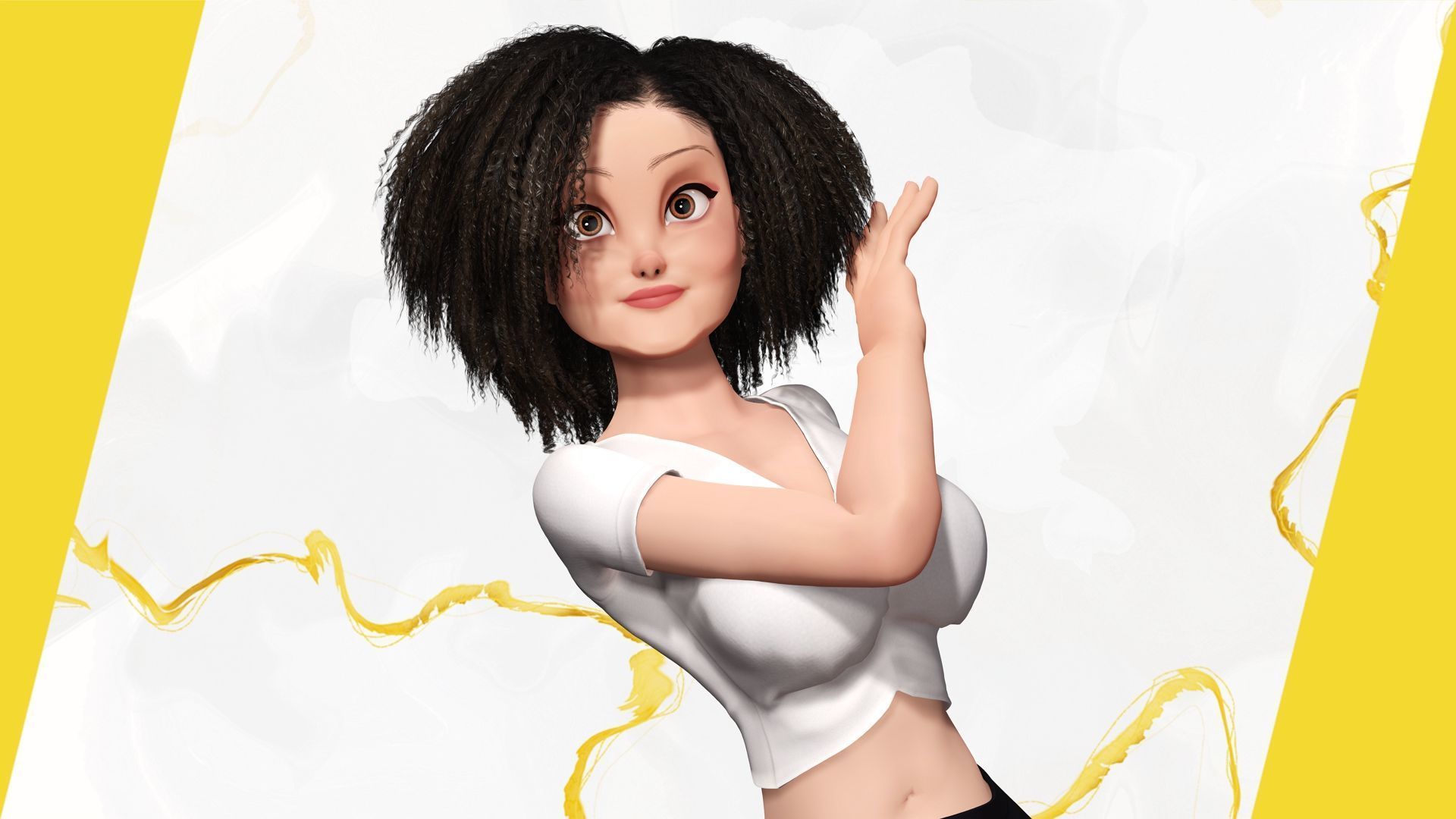Modern Style Girl with short curly hair 3D character creation Low-poly 3D model_14