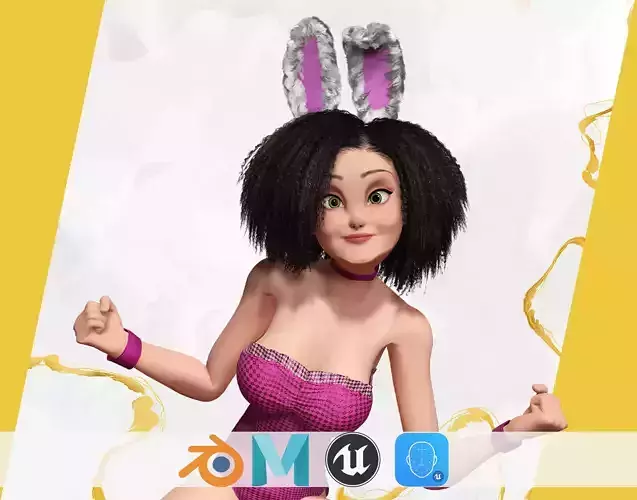 Stylized Curly-Haired  in Bunny Outfit Girl  stylized figure Low-poly 3D model