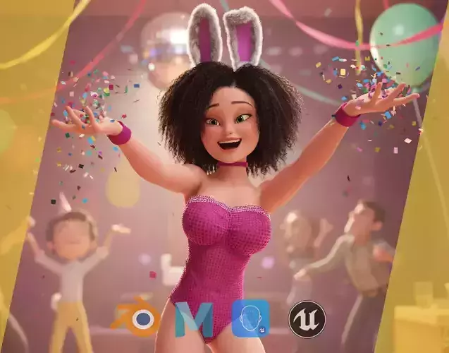 Stylized Curly-Haired  in Bunny Outfit Girl  stylized figure Low-poly 3D model