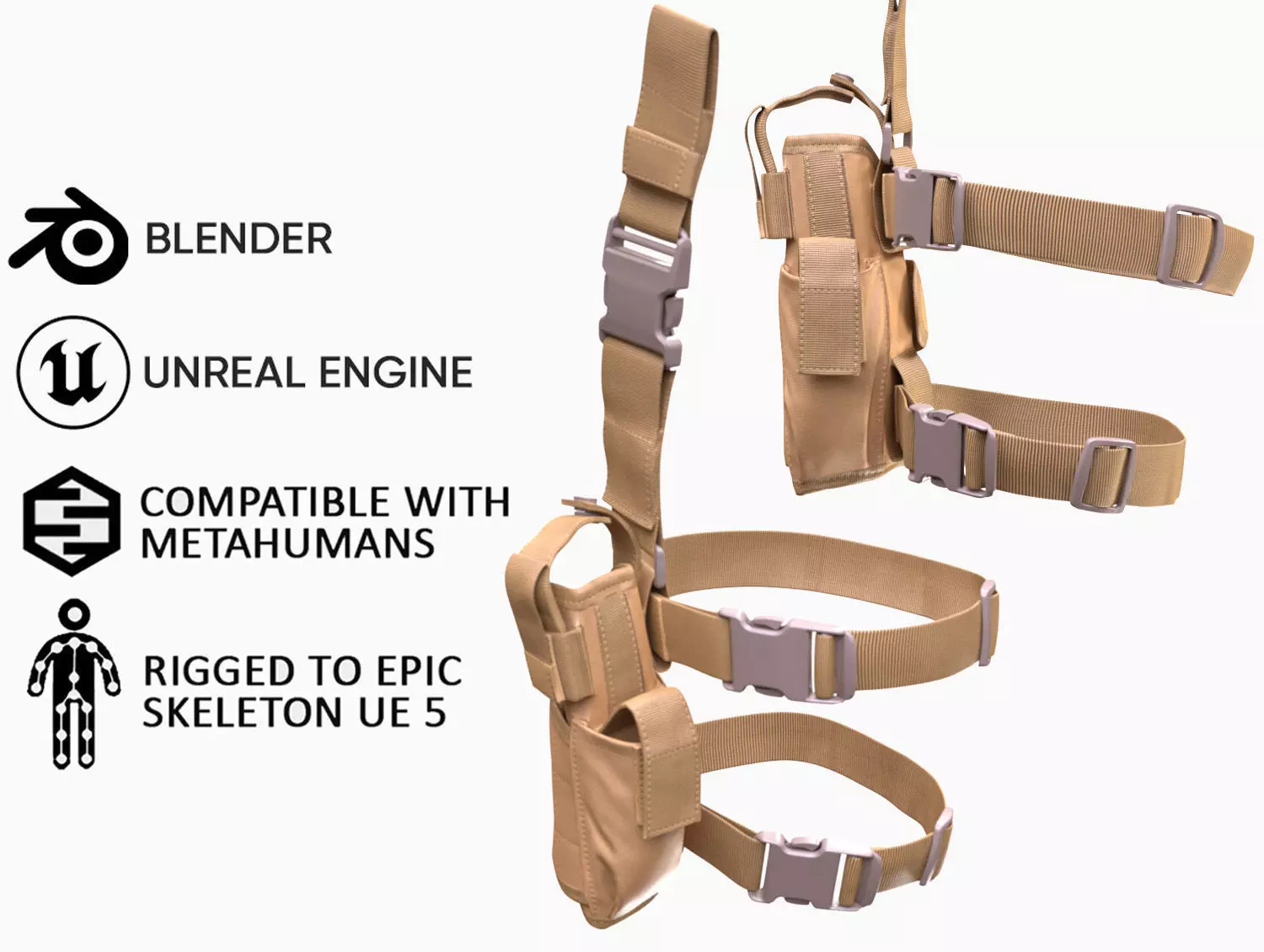 Tactical Holster 18 - All MH Bodies and UE5 Skeletons - Rigged Low-poly 3D model_0