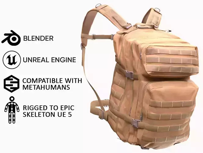 Tactical Backpack 13 - All MH Bodies and UE5 Skeletons - Rigged Low-poly 3D model