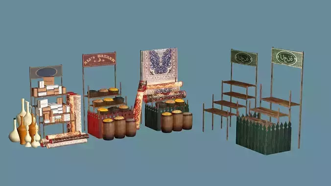 Medieval Market Carpet And Food Stalls Low-poly 3D model 3D model