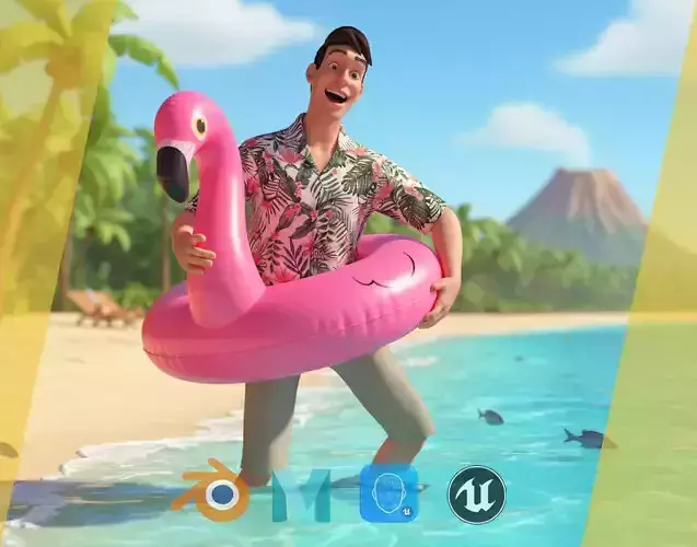 Stylized realism male celebration in Hawaiian shirt with energy  Low-poly 3D model