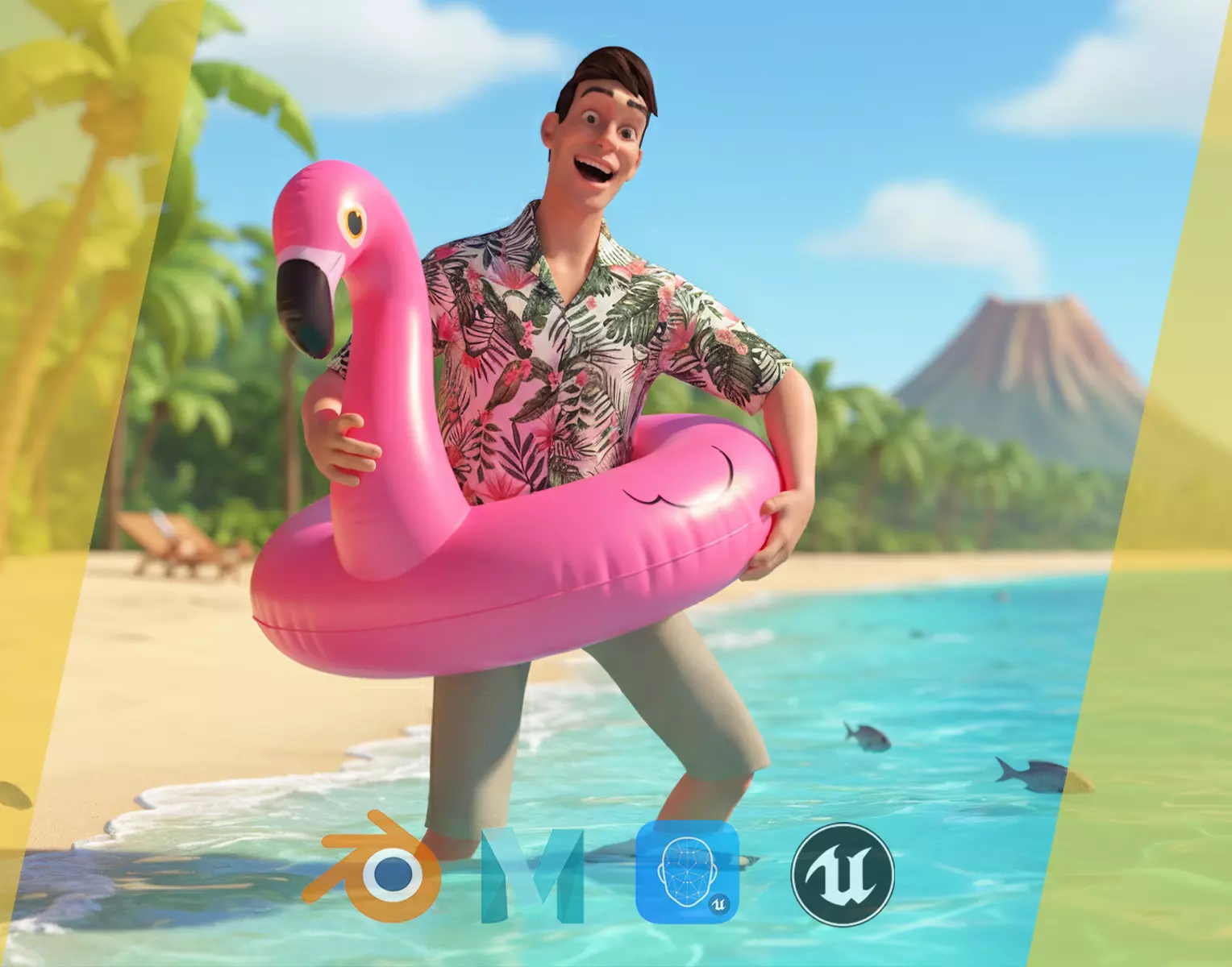 Stylized realism male celebration in Hawaiian shirt with energy  Low-poly 3D model_0