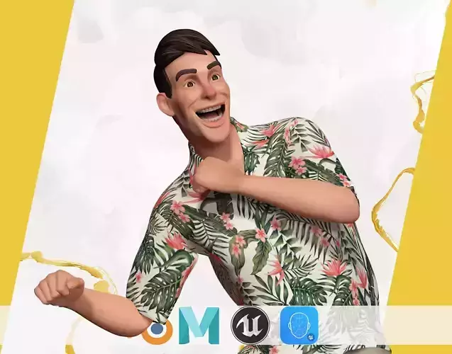 Stylized realism male celebration in Hawaiian shirt with energy  Low-poly 3D model