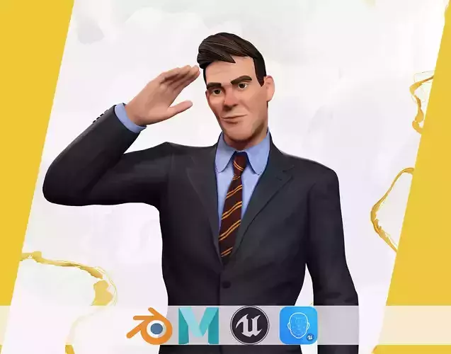 Toon Businessman in Suit Confident anime Low-poly 3D model