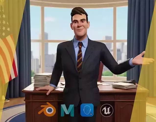 Toon Businessman in Suit Confident anime Low-poly 3D model