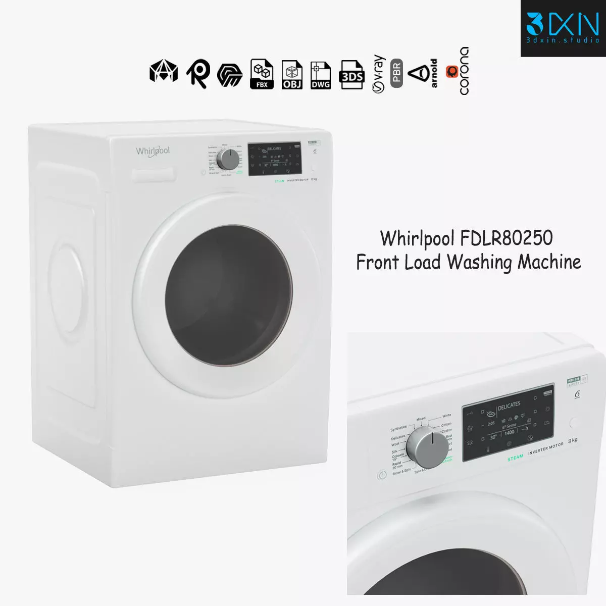 Whirlpool FDLR80250 8kg Front Load Washing Machine 3D model_0