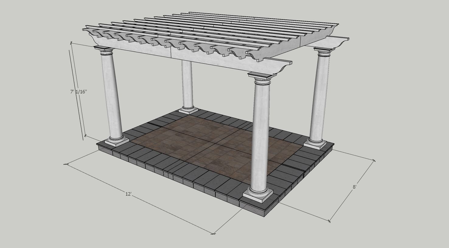 wooden pergola with classic columns gazebo 3D model_4