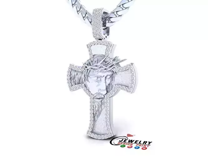 Custom Jesus Face w Cross Diamond Pendant - Cross Necklace 