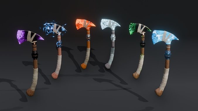 Set of Elemental Axes - 6 Magic Axe 01 - medieval weapon Low-poly 3D model