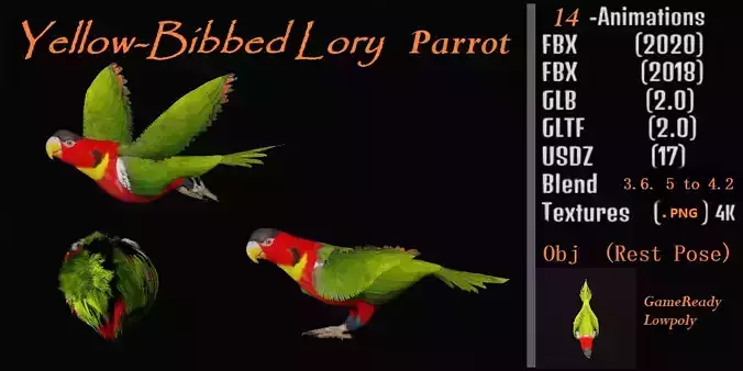 Yellow Bibbed Lory Parrot Bird Low-poly 3D model
